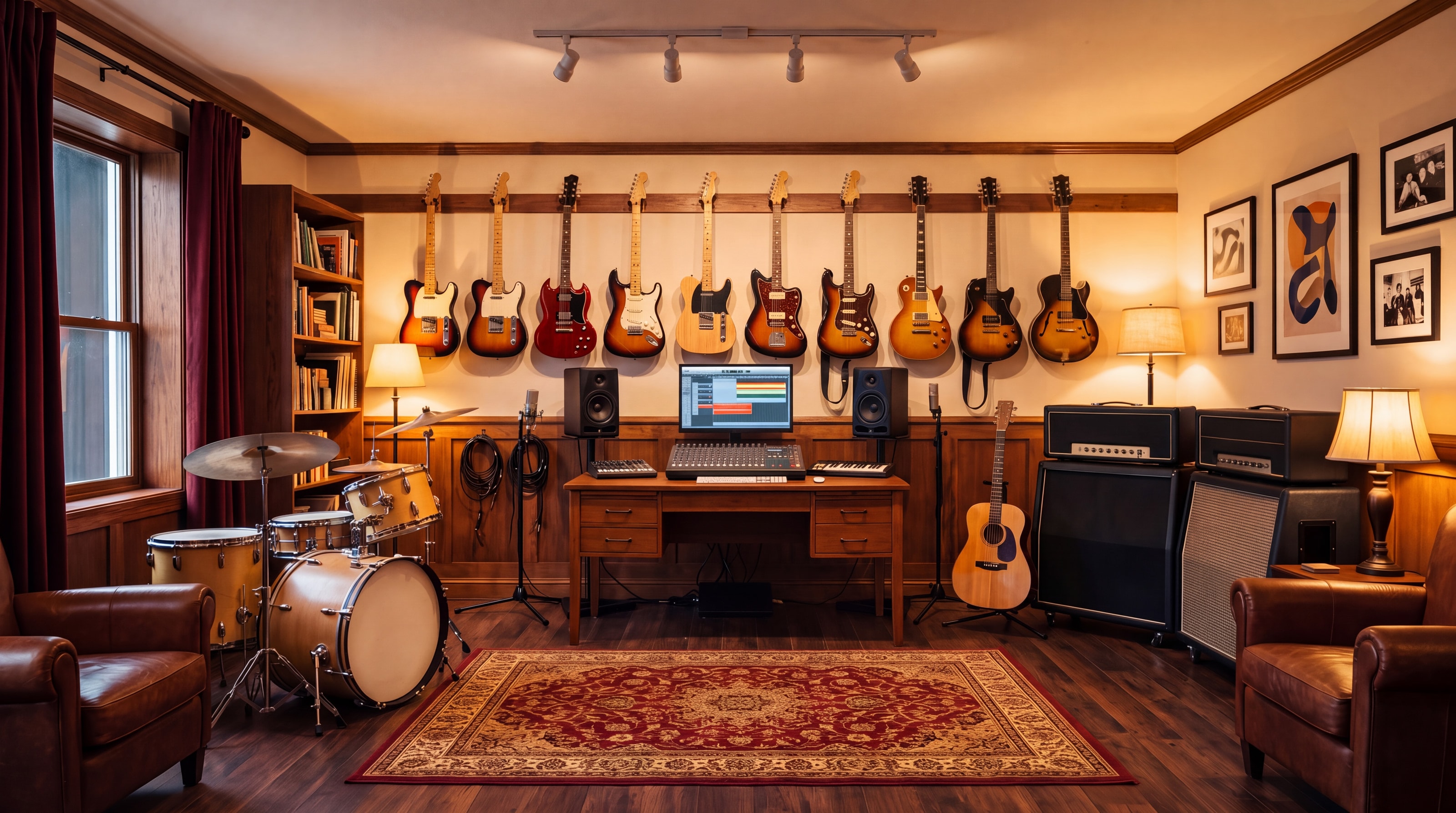 A home studio: ten electric guitars hung along a lamplit wall above a desk, two amplifier stacks, a drum kit and leather armchairs